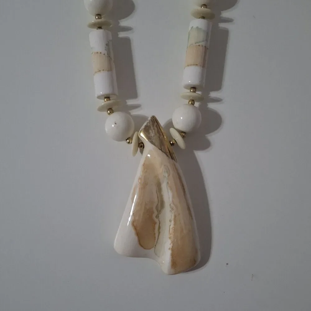 White Beige Gold Tone Japan Ceramic Round Beaded Statement Pendant Necklace